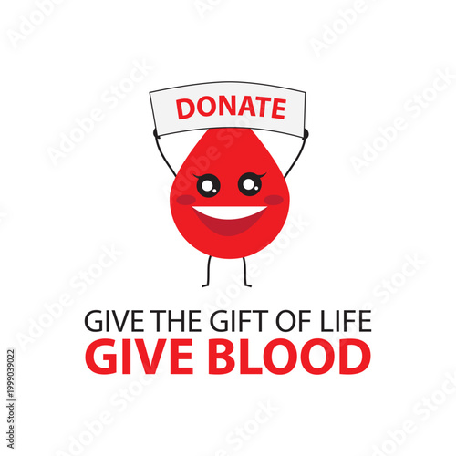 A smiling blood drop illustration persuade to donate blood.