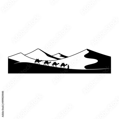 Camel Caravan Silhouette in Desert Sand Dunes Landscape Illustration