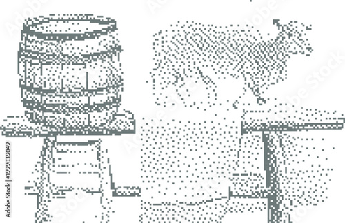 Wooden barrel on stand next to farm animal illustration