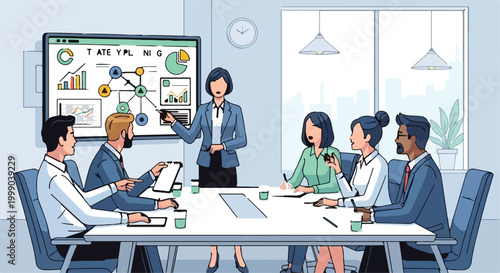 Professional business meeting vector illustration, corporate team presentation with data charts, office conference room seminar with diverse colleagues