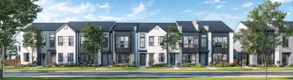 Fototapeta premium Modern townhouses with varied exteriors, green lawns, and trees under a blue sky