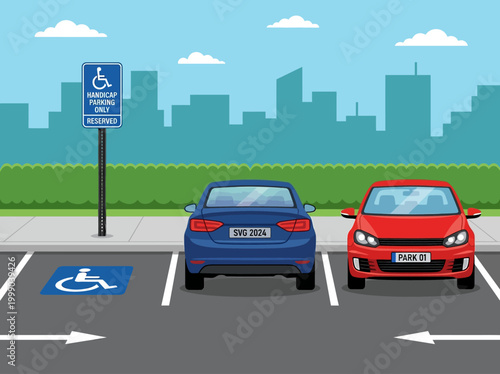 Handicap Parking Space Reserved for Disabled Persons with Cars and City Skyline Vector Background
