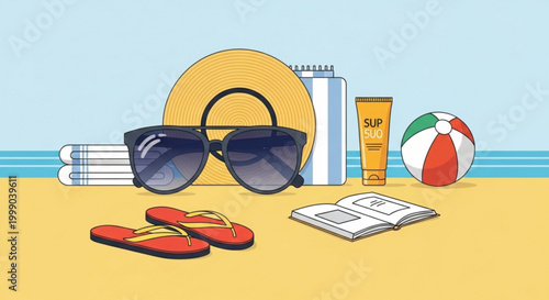 Beach vacation accessories laid on sandy shore with ocean view including sunglasses sun hat flip flops sunscreen and beach ball