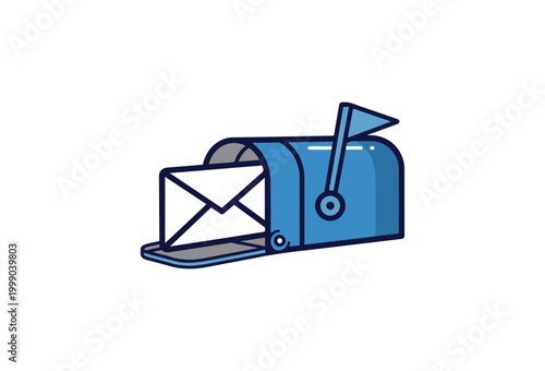 Blue mailbox, mail box, postal box, with letter, envelope icon, flat vector design