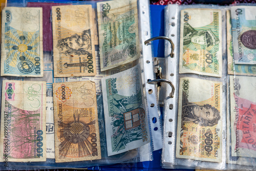 фотографія Collection of vintage, withdrawn Polish banknotes stored in clear protective pla