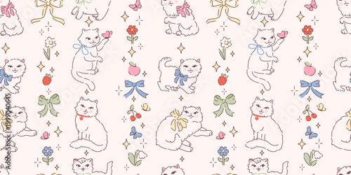 Seamless pattern with cute white fluffy cats, butterflies, bows and flowers. Hand drawn vector illustration in vintage style. Funny retro pet character background. Cottage core kitty on white.