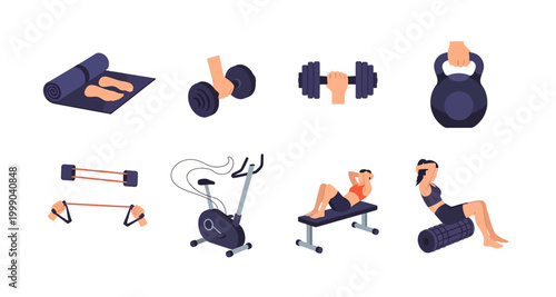 fitness equipment and exercises icons on transparent background