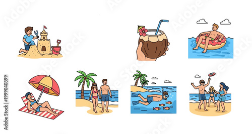 summer beach activities illustrations on transparent background