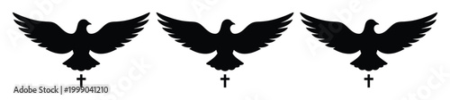 Religious dove silhouette with christian cross, set of 3 holy spirit bird icons, black flying pigeon vector graphics for church branding