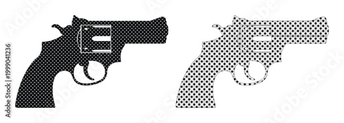 Revolver handgun silhouettes with halftone pattern, black pistol vector icons, classic firearm weapon set for crime and security design