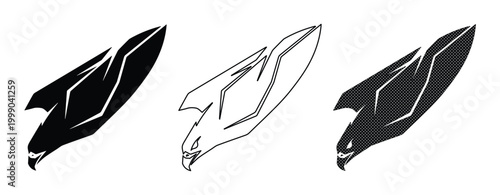 Eagle head mascot vector set, predatory hawk profile icons in black and white, minimalist falcon bird logo graphics for sports branding and apparel
