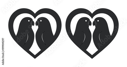 Minimalist lovebird silhouettes in heart frame, romantic parrot couple vector icons, black and white bird logo elements for wedding and valentines design