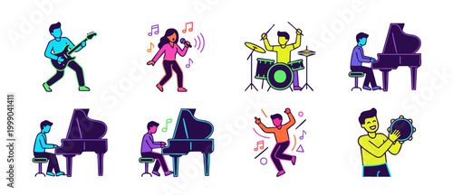 Music Performers Icon Set, Musicians Playing Instruments and Singing, Vibrant Flat Vector Illustrations of Rock Band and Solo Artists for Creative Design Projects, Concert Performance and Entertainmen