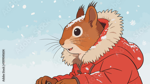 Cute anthropomorphic red squirrel in winter outdoor scene