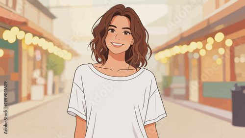 Smiling Young Woman Walking on Warm Downtown Street