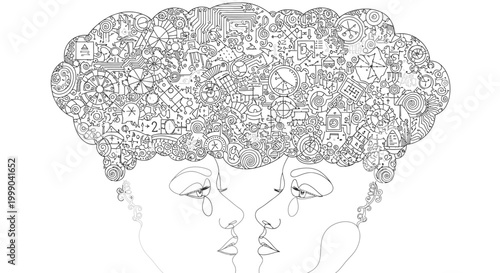 Abstract line drawing of faces with intricate doodle cloud hair