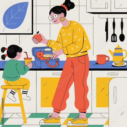 Mother, daughter, kitchen, morning routine, colorful, illustration, vector, family, home, daily life