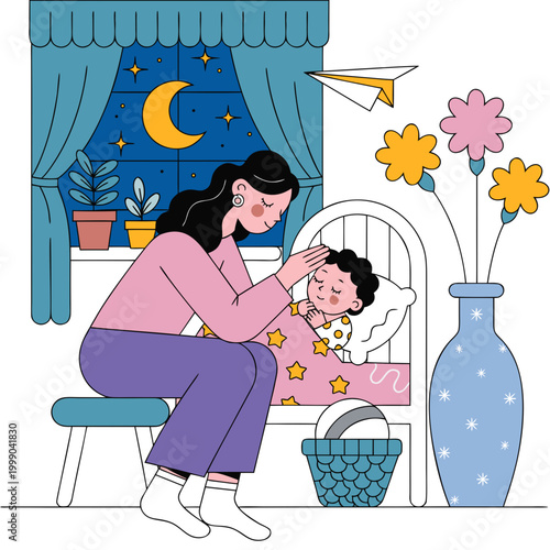 Mother, woman, comforting, checking on baby, in bed, at night, stars, moonlight