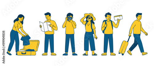 Travel people set with luggage, map and camera for vacation tour. Group of diverse tourists character flat vector illustration for summer holiday trip, flight booking, adventure, and journey planning.