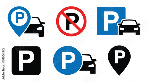 Vehicle parking zone collection in flat vector style including street signs, traffic markers, location navigation, and road rules.