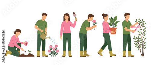 People Gardening Set, People Doing Gardening Activities Isolated on White, Planting Seeds, Watering Flowers, Pruning Plants and Holding Potted Houseplants for Eco Friendly Lifestyle and Botany Concept