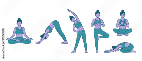 Yoga poses set, woman practicing fitness, stretching and meditation exercises for health and wellness, flat vector illustration collection isolated on white background for lifestyle and workout design