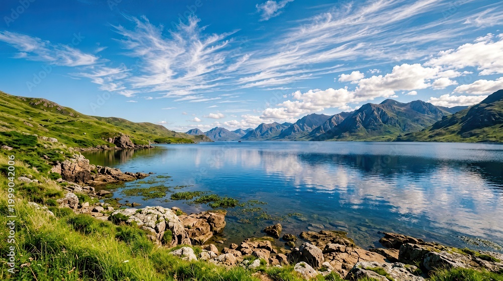 Fototapeta premium Serene Mountain Lake Reflecting Sky and Peaks