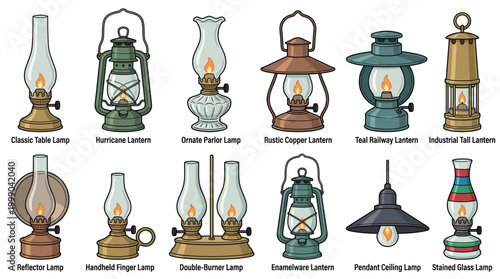 Collection of various vintage oil lamps and lanterns with glowing flames, showcasing different antique designs and styles for illumination.