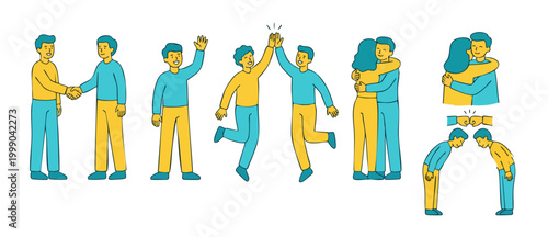 People greeting icons handshake high five hug set, social interaction collection, friendly communication and cooperation gestures in flat vector line art style for business and human relationships con