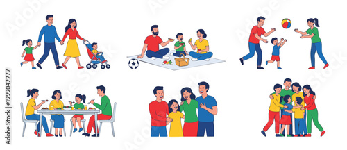 Family activities collection, happy people spending time together. Parents and children walking, having a picnic, eating dinner at home, playing, hugging and bonding, flat vector illustration set conc