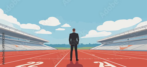 Businessman Standing On Track Ready For Competition