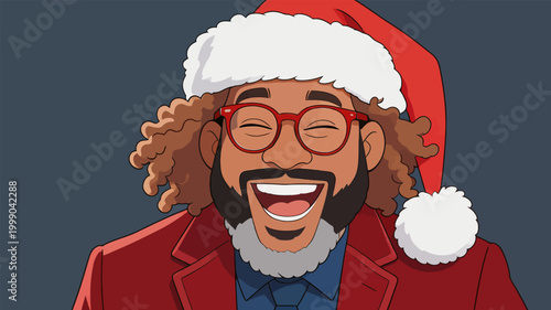Cheerful Black Man Wearing Christmas Santa Hat Laughing Happily