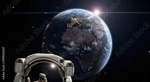 Astronaut perspective looking at Earth from orbit, glowing continents at night, rich starfield, subtle lens flare, immersive space environment, ultra detailed, realistic lighting