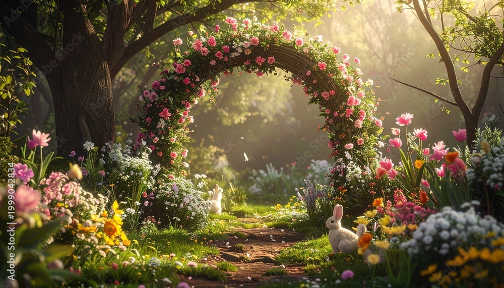 Obraz premium Enchanting fairytale garden with a beautiful floral archway surrounded by colorful blooming spring flowers and a cute white bunny rabbit.