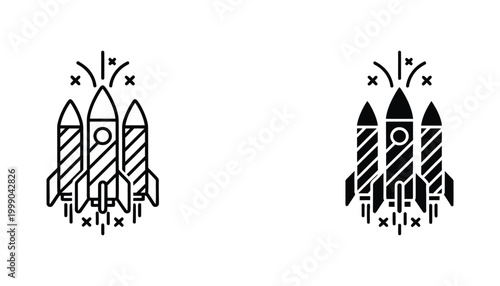Explosive rocket ship launch icon set for startup business growth and innovation technology project branding