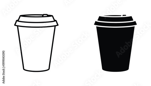 Disposable coffee cup with lid illustrated as simple line art and solid black vector icons for cafe branding and takeout concepts