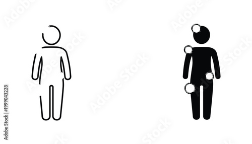 Human body outline and medical silhouette showing pain points and injury zones as simple flat vector icons for healthcare and diagnostic infographics