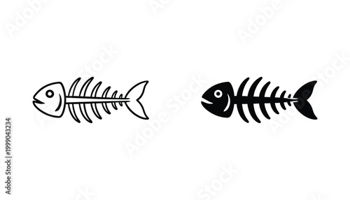 Fish skeleton icon showing remains of a fish in outline and solid black styles for environmental or culinary graphic design