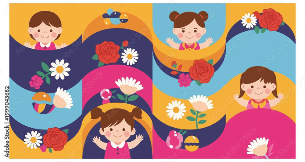 Naklejka premium illustration of children with flowers on transparent background