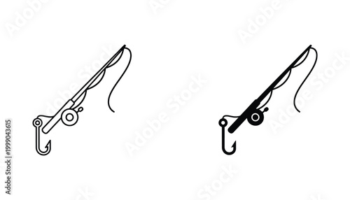 Minimalist fishing rod equipment icon set for outdoor recreation and sports activities showing hook and reel details