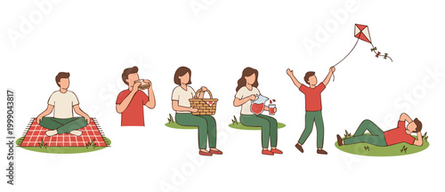 People having picnic illustration, family outdoor activities, relaxing and eating in park, flat vector character set, summer weekend concept, recreation and leisure time lifestyle isolated on white ba
