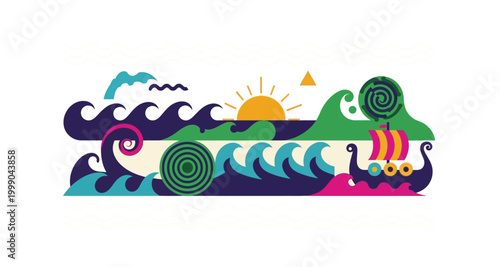 colorful ocean waves and ship illustration on transparent background