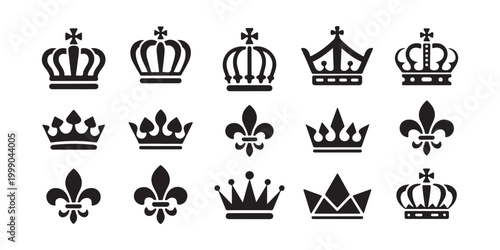Set of Black Crown and Fleur-de-lis Icons on White Background