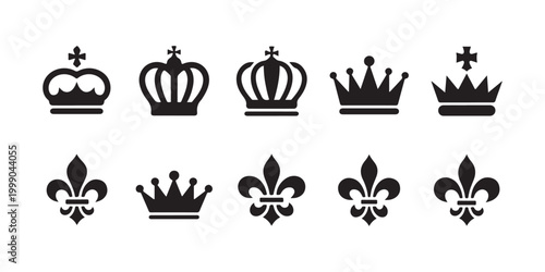 Collection of Black Crown and Fleur-de-lis Silhouette Icons