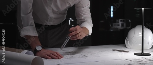 Fotografie Architect designing building plans at night, working overtime on a new construction project with tools and blueprints