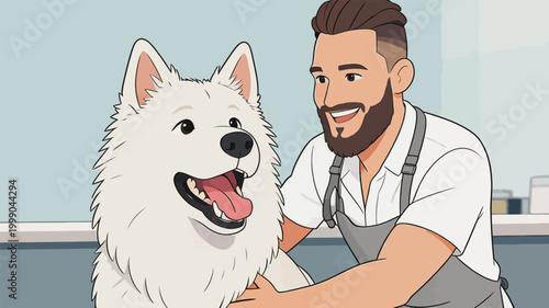 Smiling Groomer and Happy Samoyed Dog in Pet Salon