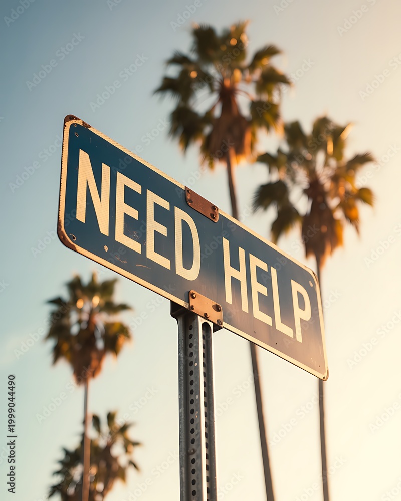 Fototapeta premium Need help sign on a street post with palm trees in the background during a bright sunny day in california