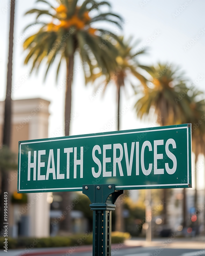 Fototapeta premium Green health services road sign pointing the way to a medical clinic or hospital facility on a sunny day