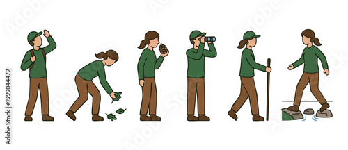 Hikers and nature explorers collection, outdoor activity set in flat vector illustration style. People walking, observing wildlife, picking up leaves and pinecones, trekking with backpack and binocula