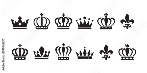 Set of 12 Black Crown and Fleur-de-lis Icons on White Background